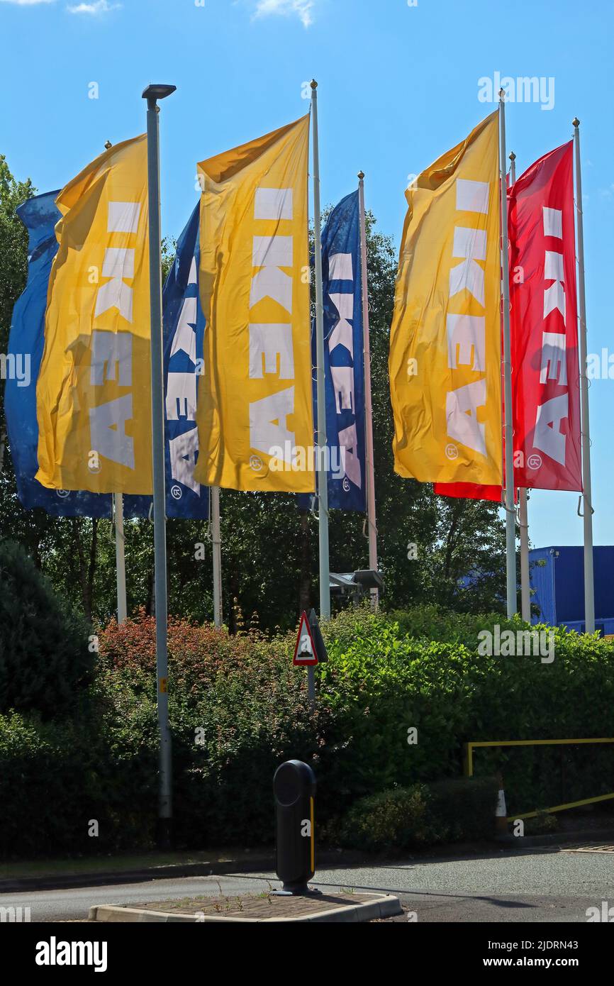 IKEA flags flying in the summer sun, Warrington store at 910 Europa Blvd, Westbrook, Warrington WA5 7TY Stock Photo