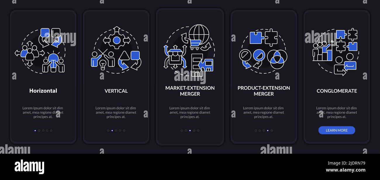 Types of mergers night mode onboarding mobile app screen Stock Vector ...