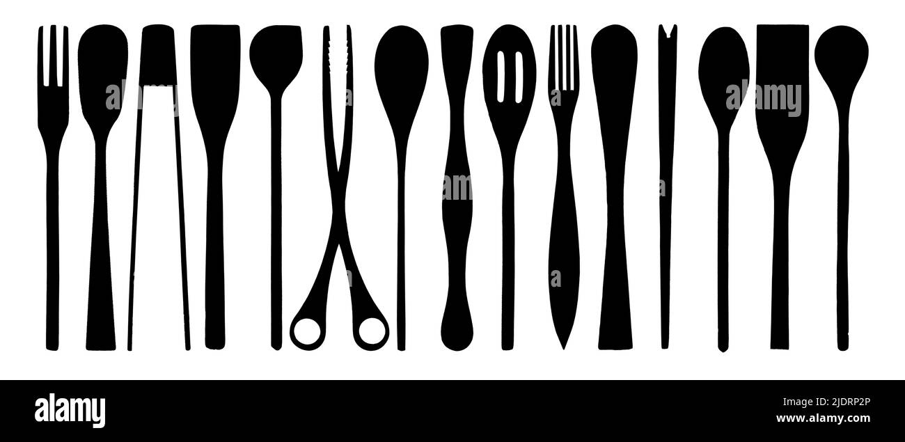 Topview of Set Cooking Silhouette Utensils on White Background Stock Photo