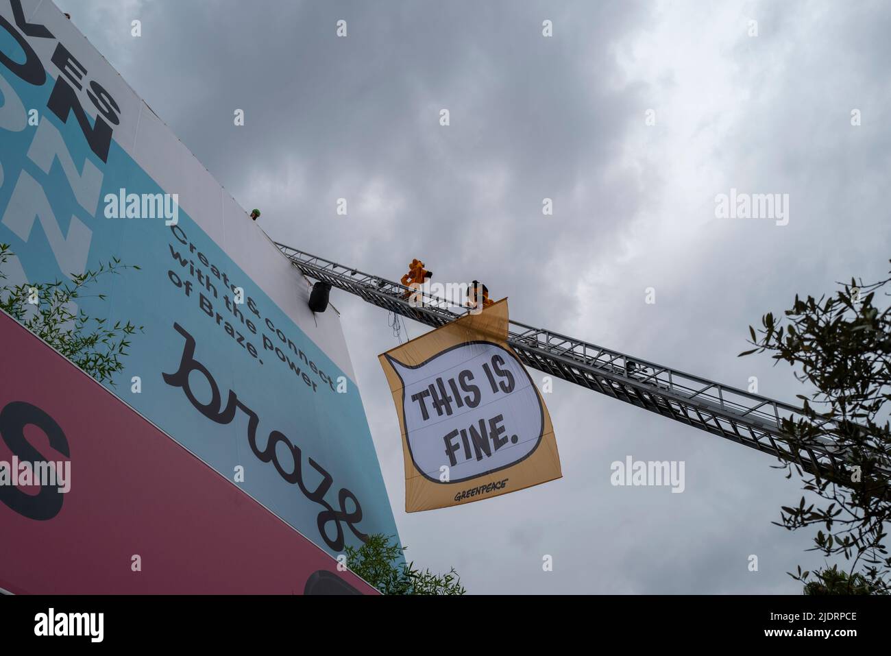 Cannes, France, 23 June 2022, Greenpeace Protest Atop The Palais, Guerrilla Campaign Continues at Cannes Lions Festival - International Festival of Creativity © ifnm press / Alamy Live News Stock Photo