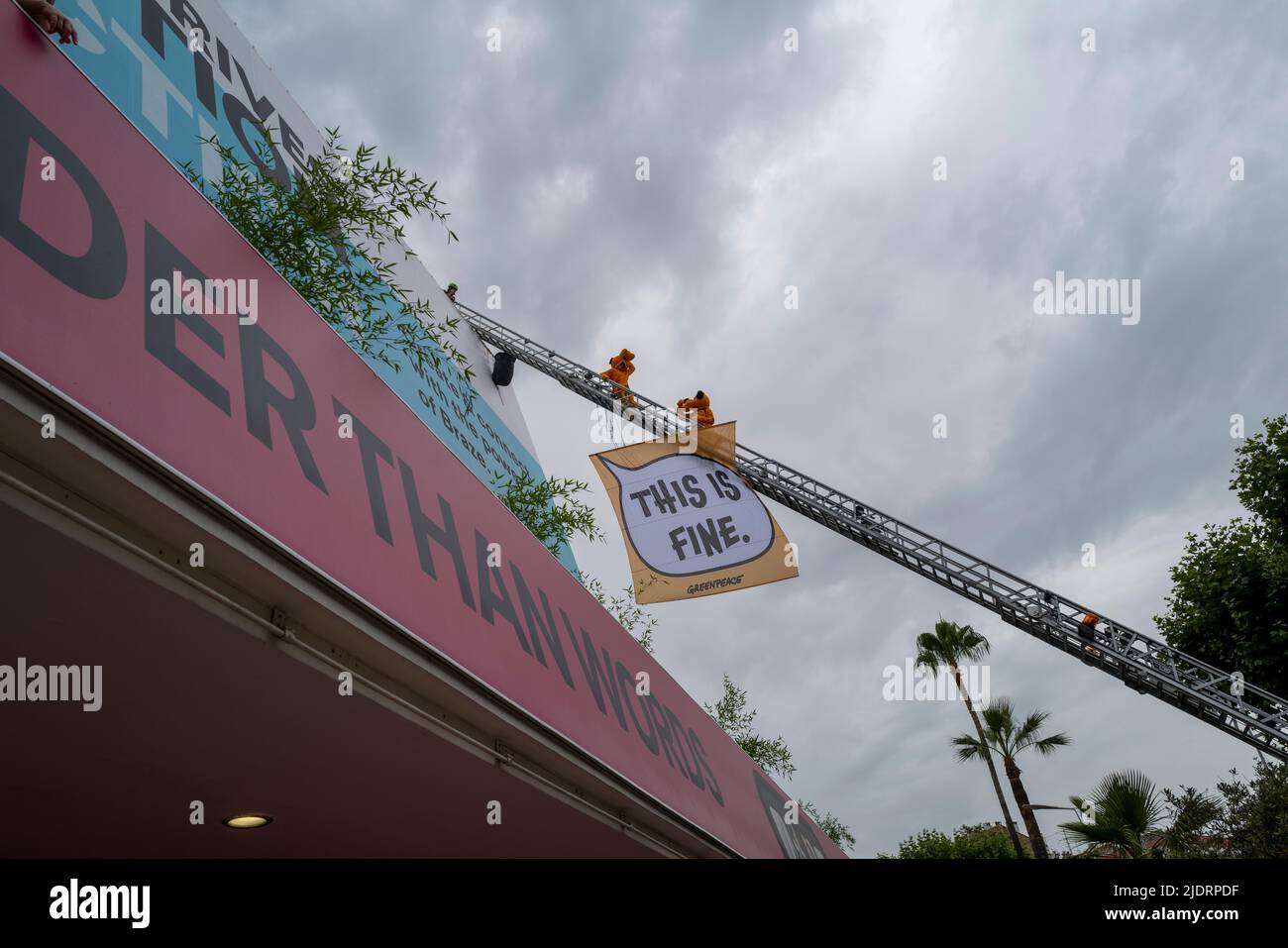 Cannes, France, 23 June 2022, Greenpeace Protest Atop The Palais, Guerrilla Campaign Continues at Cannes Lions Festival - International Festival of Creativity © ifnm press / Alamy Live News Stock Photo