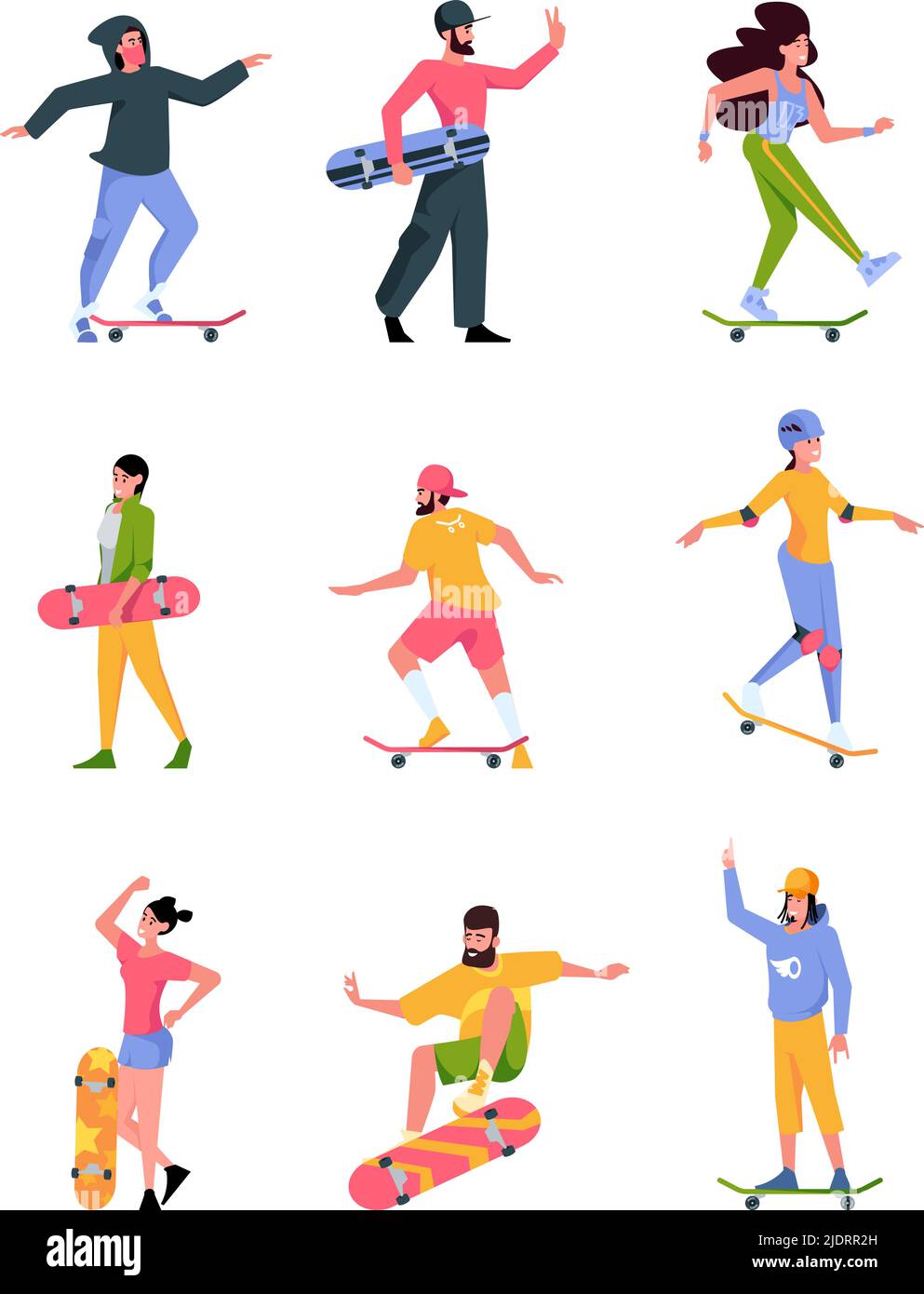 Skateboarders. Active riders teenagers jumping in action poses garish vector sport active people in casual closes Stock Vector