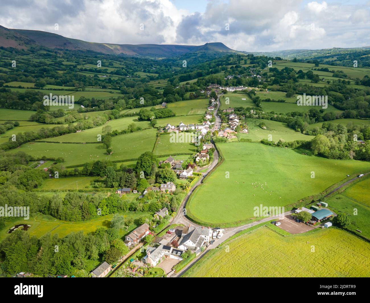 Aerial view of Longtown, an English village in Herefordshire on the