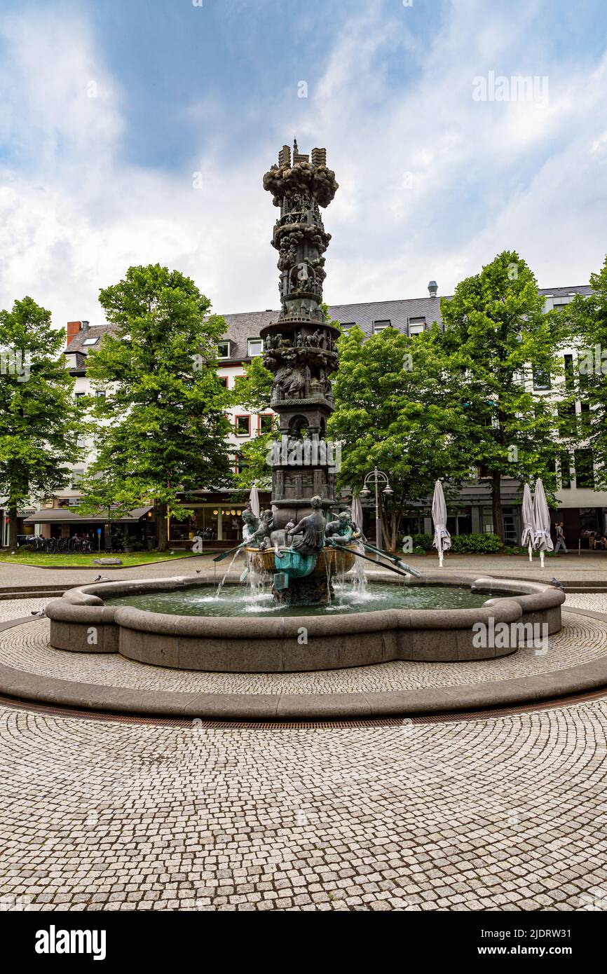 Koblenz, Rhineland-Palatinate, Germany - 20 May 2022: The history column forms the main part of the fountain on the Görresplatz. Stock Photo