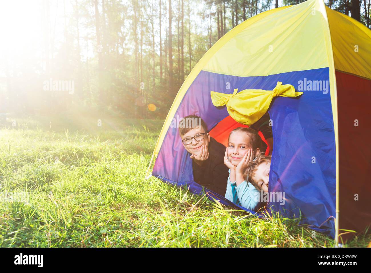 Children lying in a tent on a sunny meadow enjoying summer forest camping. The sun shines through the trees. Family summer vacation concept Stock Photo