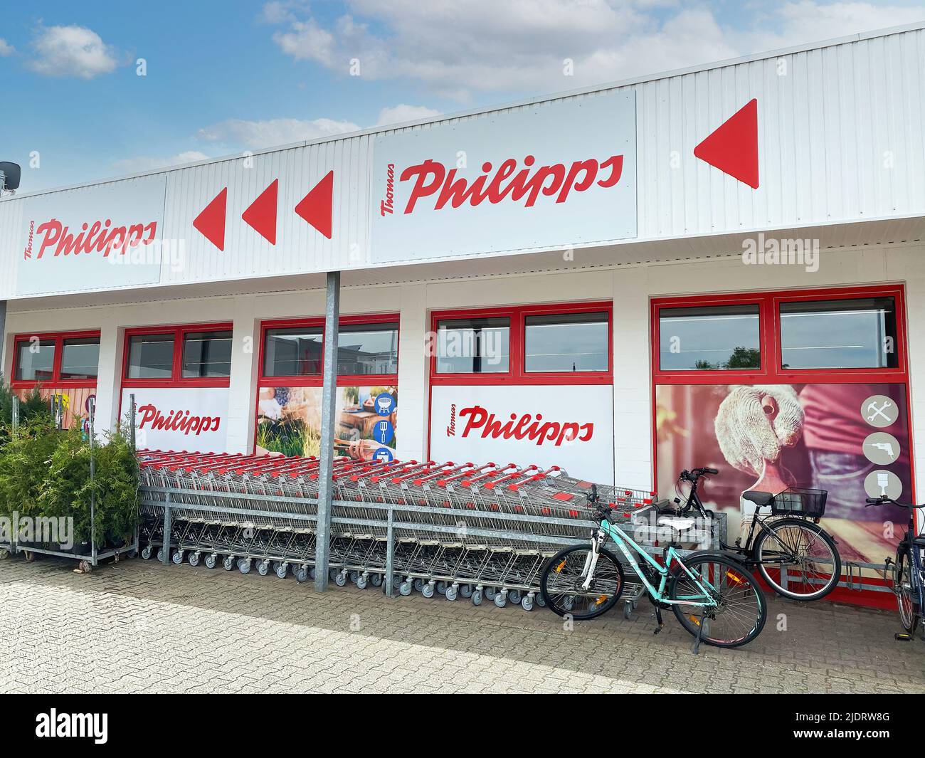 Erkelenz, Germany - Juin 9. 2022: View on store facade with logo lettering of Thomas Philipps discounter market chain Stock Photo