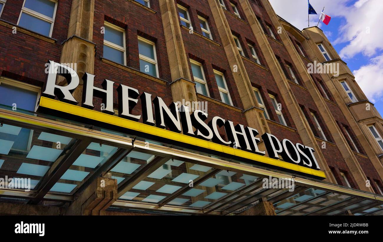 Close-up of Rheinische Post building and logo in Düsseldorf. Rheinische Post is a daily newspaper with the highest circulation in the Rhineland. Stock Photo