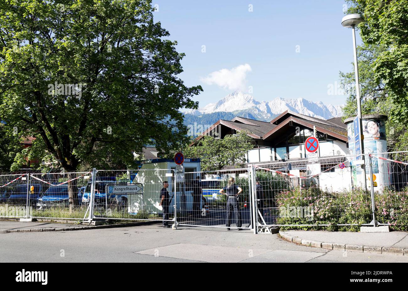 Barbed wire fence protect the police station placed in the Kongresszentrum of the southern Bavarian resort where the G7 Summit will be held, in Garmisch-Partenkirchen, Germany, June 23, 2022. REUTERS/Michaela Rehle Stock Photo