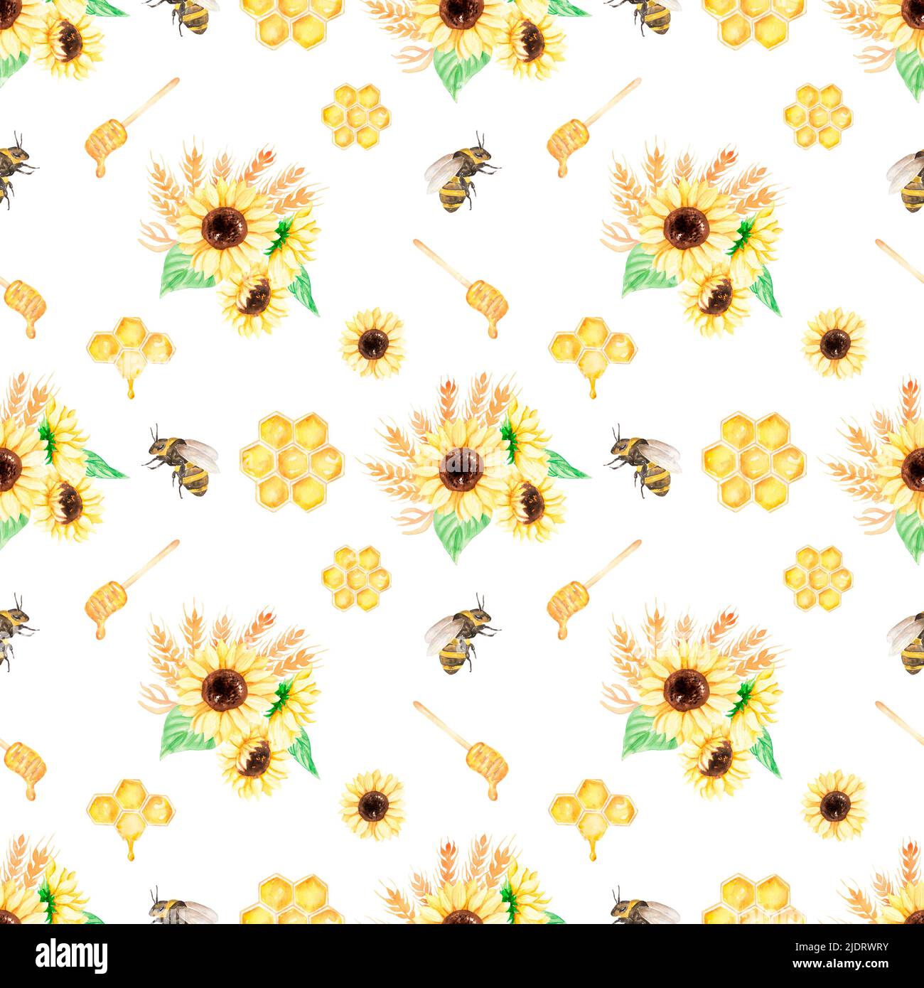 Sunflower, honey and bees seamless pattern, Watercolor Meadow flowers ...