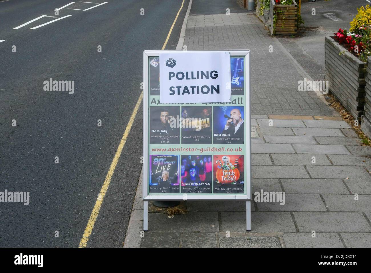 Axminster, Devon, UK.  23rd June 2022.  Polling station sign at the Guild Hall at Axminster in Devon for the parliamentary election for the Tiverton and Honiton constituency.  Picture Credit: Graham Hunt/Alamy Live News Stock Photo