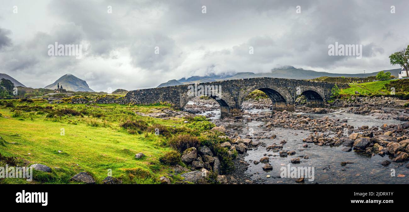 Panorama of Sligachan Old Bridge, Isle of Skye, Highlands, Scotland, UK Stock Photo