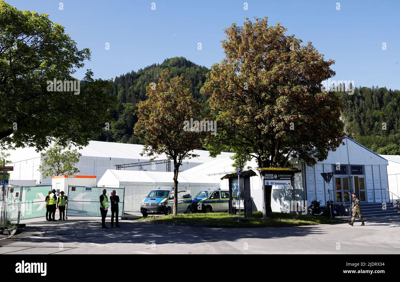 Press centre and security check building seen in the southern Bavarian resort where the G7 Summit will be held, in Garmisch-Partenkirchen, Germany, June 23, 2022. REUTERS/Michaela Rehle Stock Photo