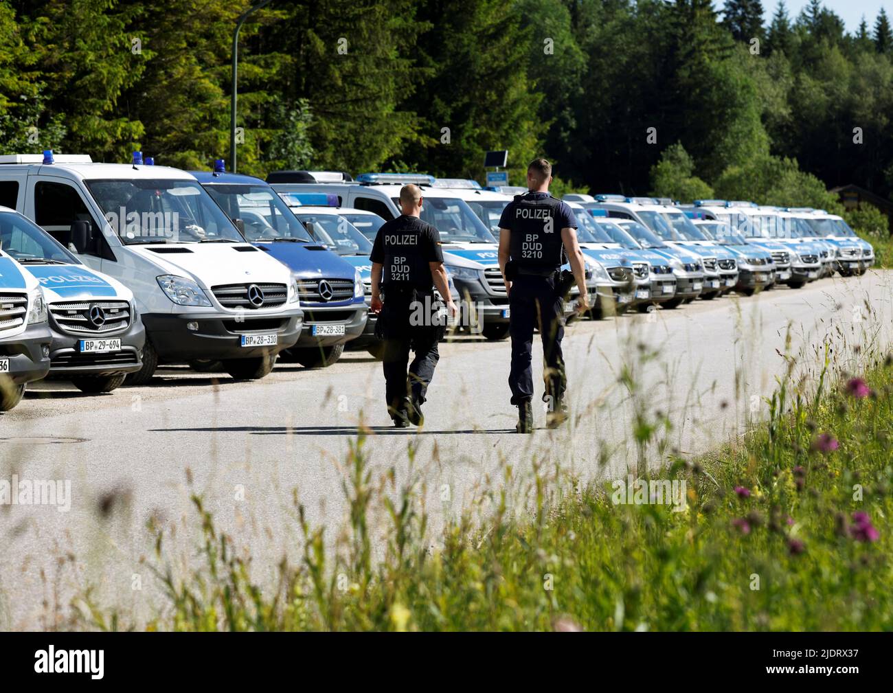 German police guards area around the southern Bavarian resort where the G7 Summit will be held, in Garmisch-Partenkirchen, Germany, June 23, 2022. REUTERS/Michaela Rehle Stock Photo