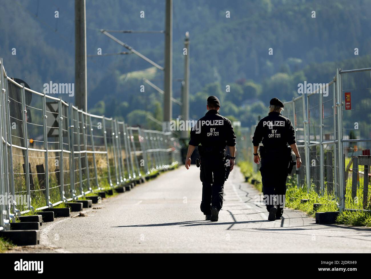 German police guards area around the southern Bavarian resort where the G7 Summit will be held, in Garmisch-Partenkirchen, Germany, June 23, 2022. REUTERS/Michaela Rehle Stock Photo