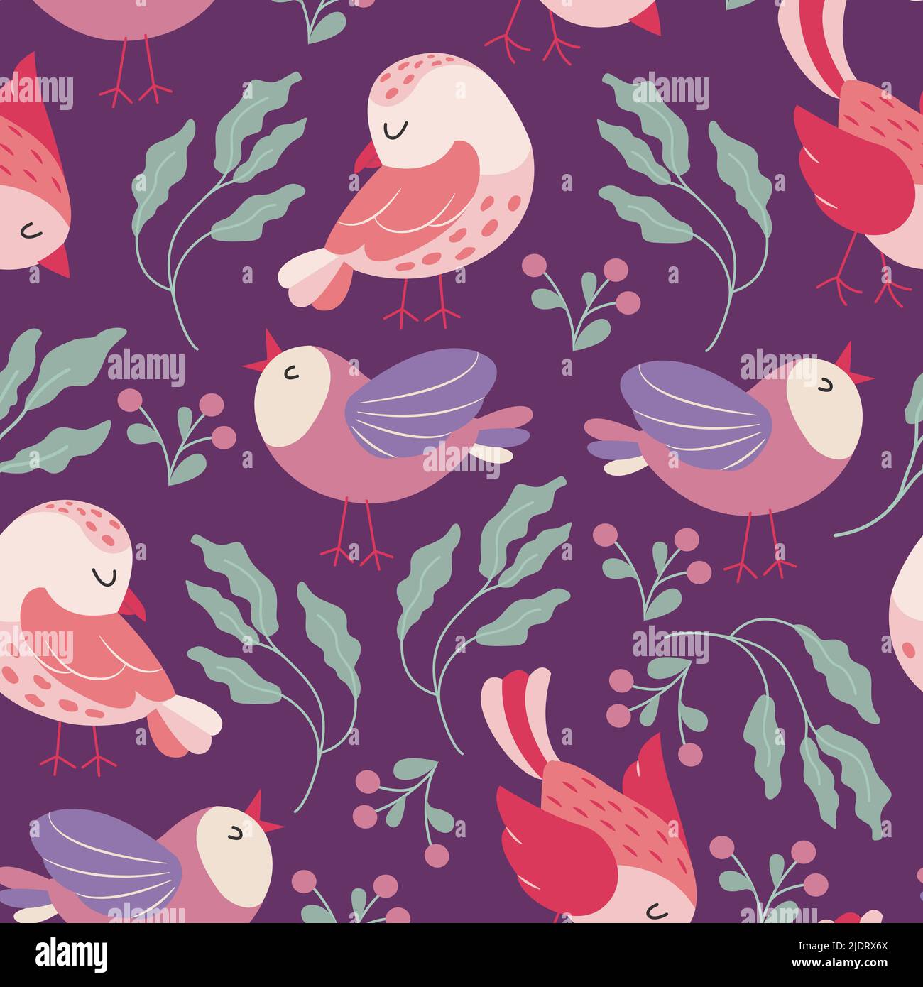 Colorful birds seamless pattern. Exotic birds in different print poses. Vector illustration Stock Vector