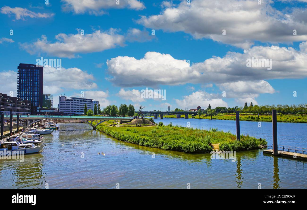 Beautiful cityscape of dutch riverside town, moden architecture buildungs, inland yacht harbour, river Maas - Venlo, Netherlands Stock Photo
