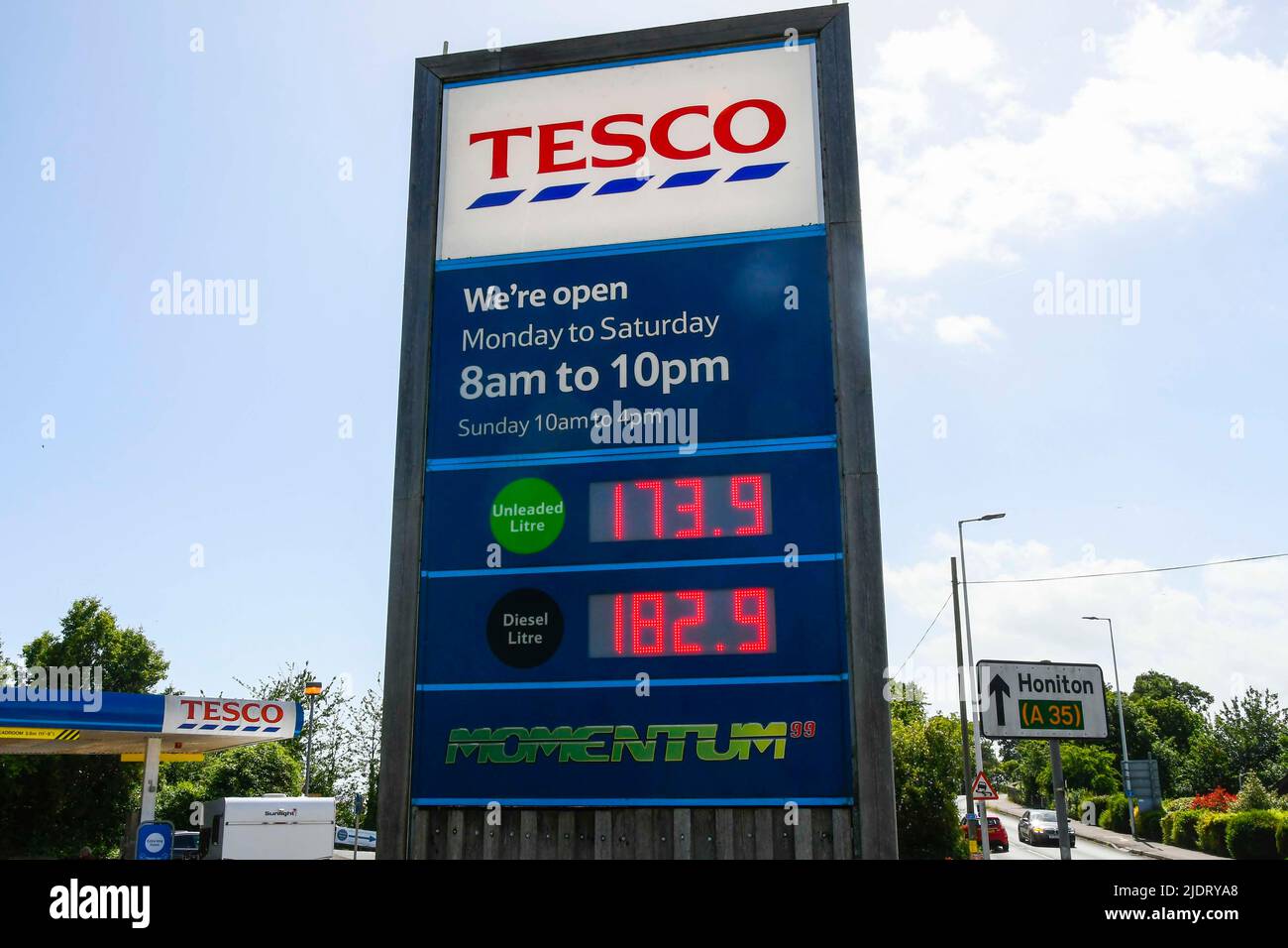 Axminster, Devon, UK.  10th June 2022.  File Picture of the Petrol and Diesel prices at Tesco at Axminster in Devon which were 173.9p for petrol and 182.9p for diesel on the 10th June. Currently on the 23rd June 2022 they are at 190.9 for unleaded petrol and 198.9 for diesel which is a 17p jump for unleaded petrol and 16p increase for diesel.  Picture Credit: Graham Hunt/Alamy Live News Stock Photo