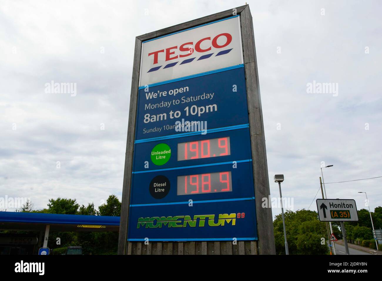 Axminster, Devon, UK.  23rd June 2022.  Petrol and Diesel prices have jumped at the forecourt at Tesco at Axminster in Devon with them currently at 190.9 for unleaded petrol and 198.9 for diesel.  The fuel on 10th June was 173.9p for petrol and 182.9p for diesel which is a jump of 17p for petrol and 16p for diesel.  Picture Credit: Graham Hunt/Alamy Live News Stock Photo