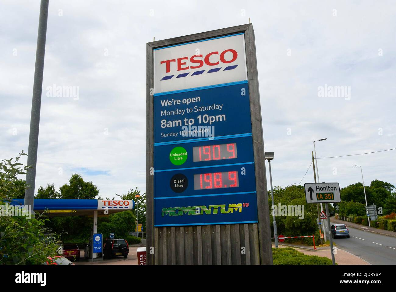 Axminster, Devon, UK.  23rd June 2022.  Petrol and Diesel prices have jumped at the forecourt at Tesco at Axminster in Devon with them currently at 190.9 for unleaded petrol and 198.9 for diesel.  The fuel on 10th June was 173.9p for petrol and 182.9p for diesel which is a jump of 17p for petrol and 16p for diesel.  Picture Credit: Graham Hunt/Alamy Live News Stock Photo