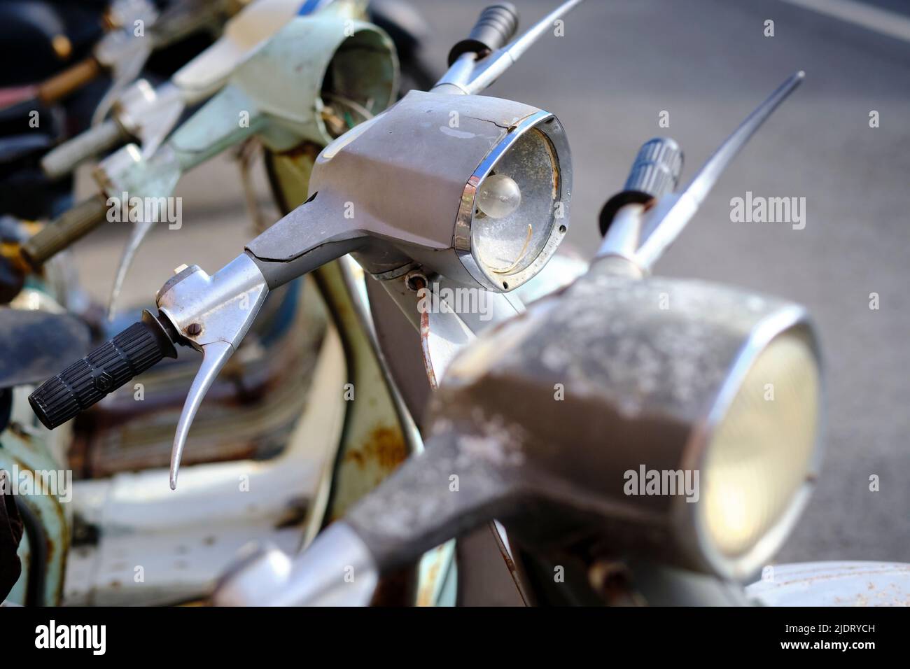 Details of vintage Lambretta scooters, featuring the 2-stroke engines that have been discontinued for environmental reasons Stock Photo