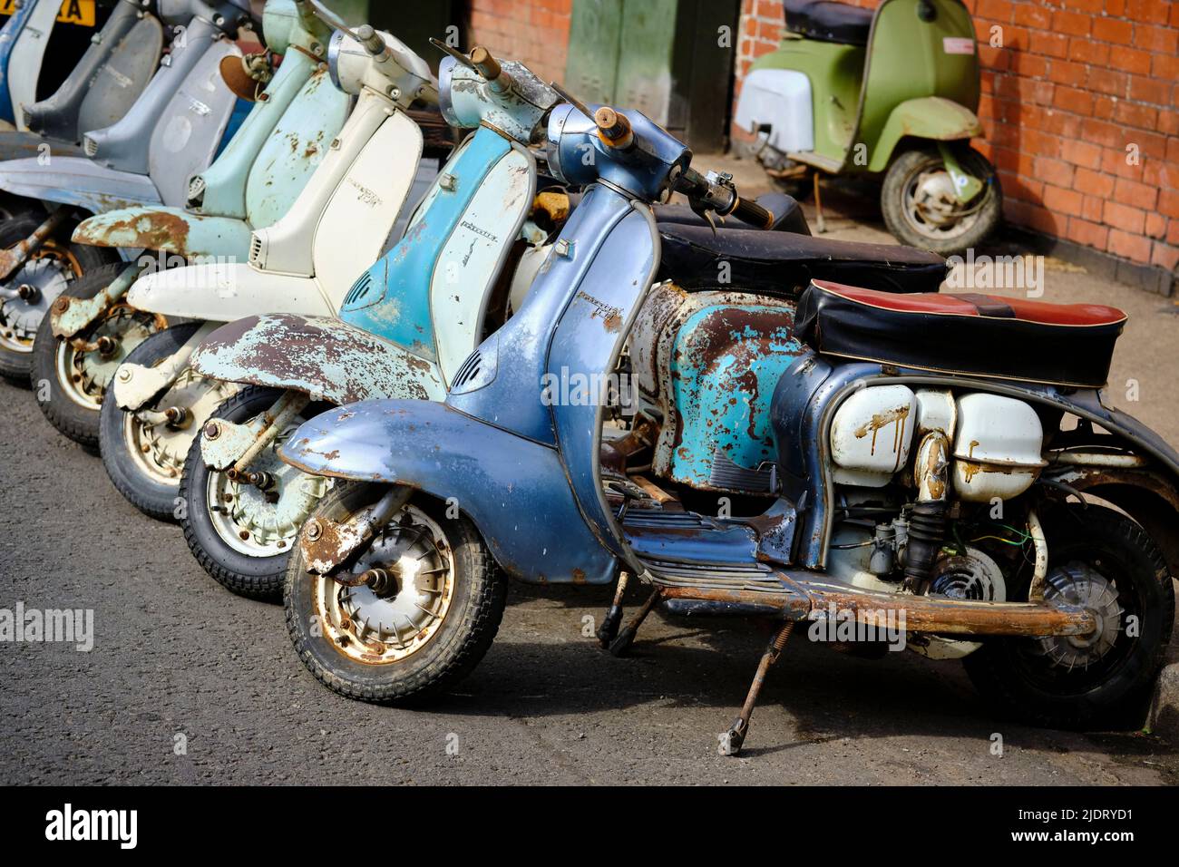 Details of vintage Lambretta scooters, featuring the 2-stroke engines that have been discontinued for environmental reasons Stock Photo