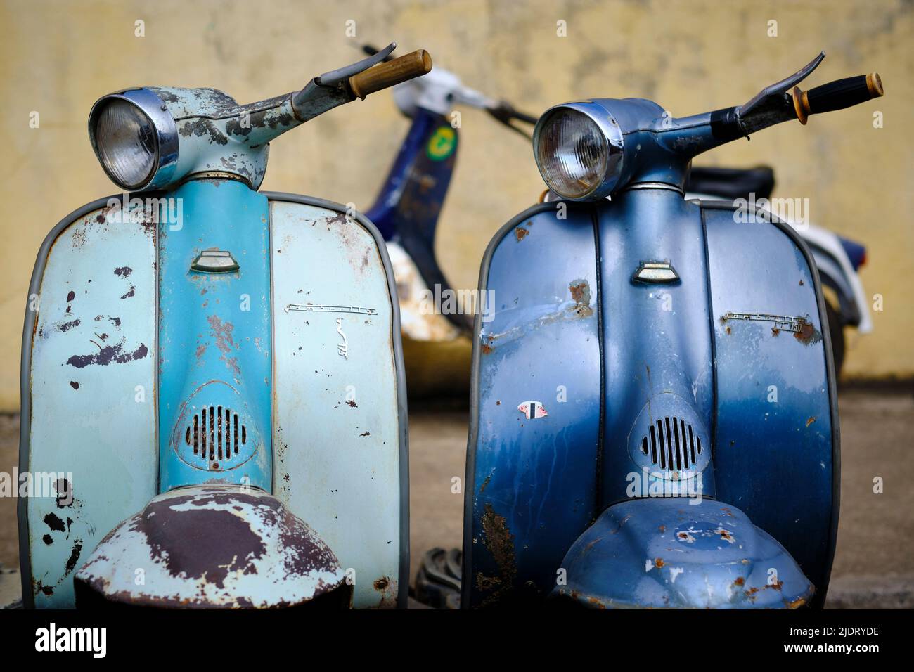 Details of vintage Lambretta scooters, featuring the 2-stroke engines that have been discontinued for environmental reasons Stock Photo