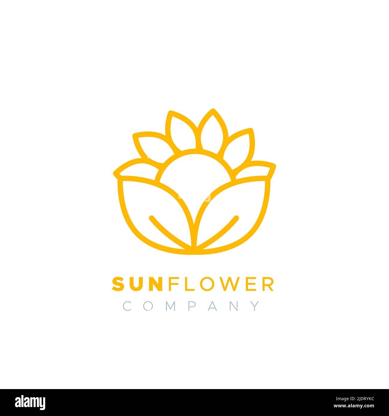 Sunflower company logo. Concept of gardening, solar energy, sunflower oil. Yellow outline. Vector illustration, flat design Stock Vector