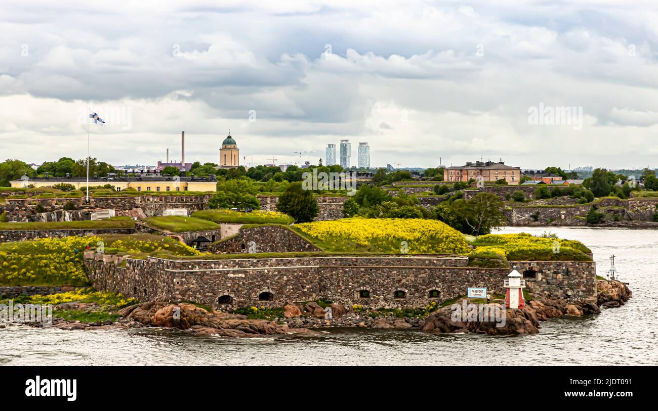 View of the Suomenlinna sea fortress. Downtown Helsinki in the background. Stock Photo