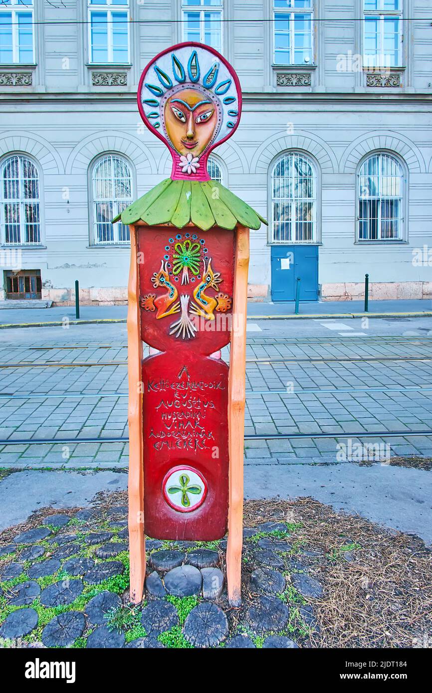 Sad Tank BUDAPEST, HUNGARY - FEB 27, 2022: The wooden sculpture in folk style is ...