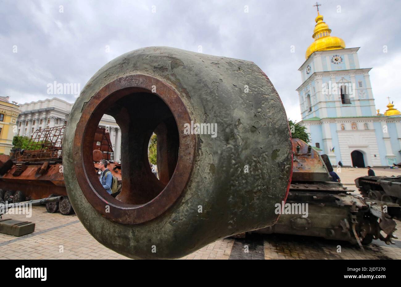 Non Exclusive: KYIV, UKRAINE - MAY 28, 2022 - The exhibition of destroyed Russian military vehicles is situated in Mykhailivska Square, Kyiv, capital Stock Photo