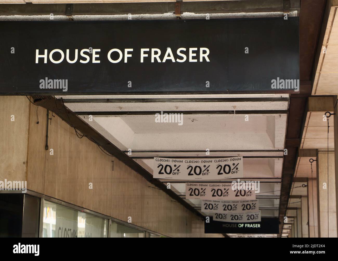 House of Fraser sign and closing down banners Victoria Street London England UK June 2022 Stock Photo