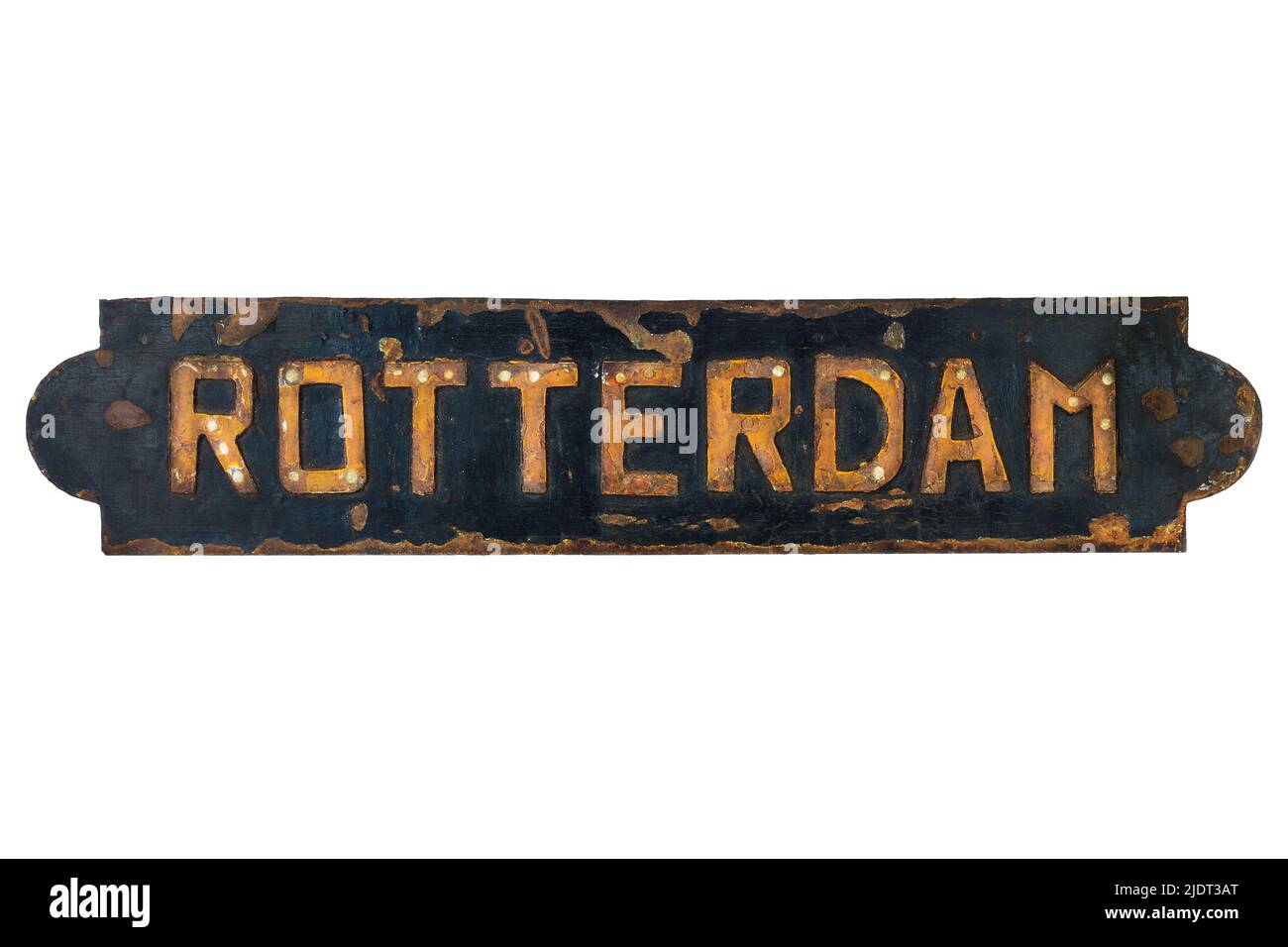Old rusted steel ship plate with an imprint of the Dutch city of Rotterdam Stock Photo