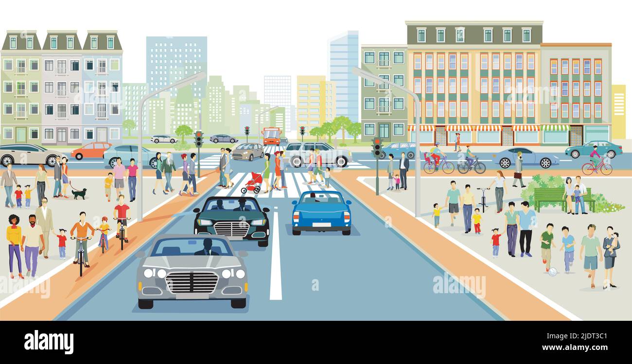 City life in residential district with road traffic, pedestrians and families at leisure, illustration Stock Vector