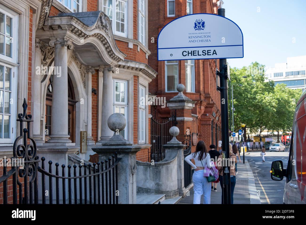 London- May 2022: Chelsea street sign on the eastern boundary by Sloane Square. An upmarket area of south west London Stock Photo