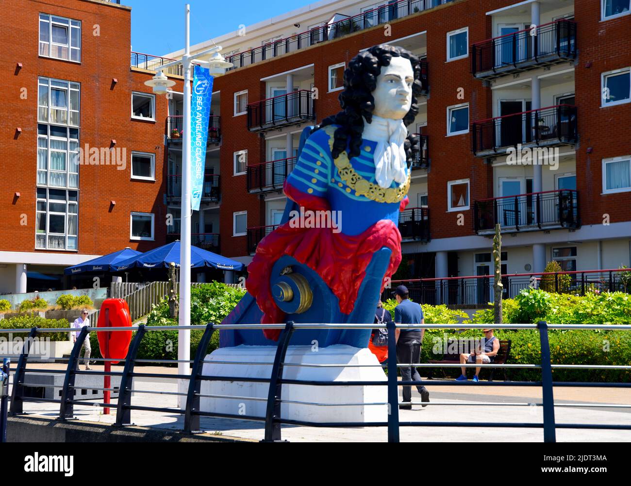 22/06/2022 Portsmouth Harbour UK. A brightly coloured ship’s figurehead on display in Gunwharf Quays, Portsmouth Harbour. Stock Photo