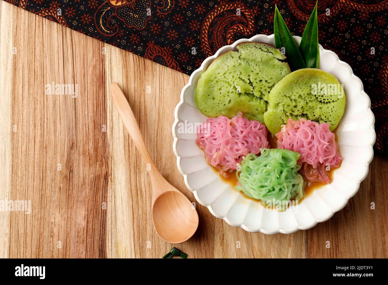 Top View Pethulo, Srabi and Putu Mayang Served with Coconut Milk Palm Sugar Syrup, Traditional