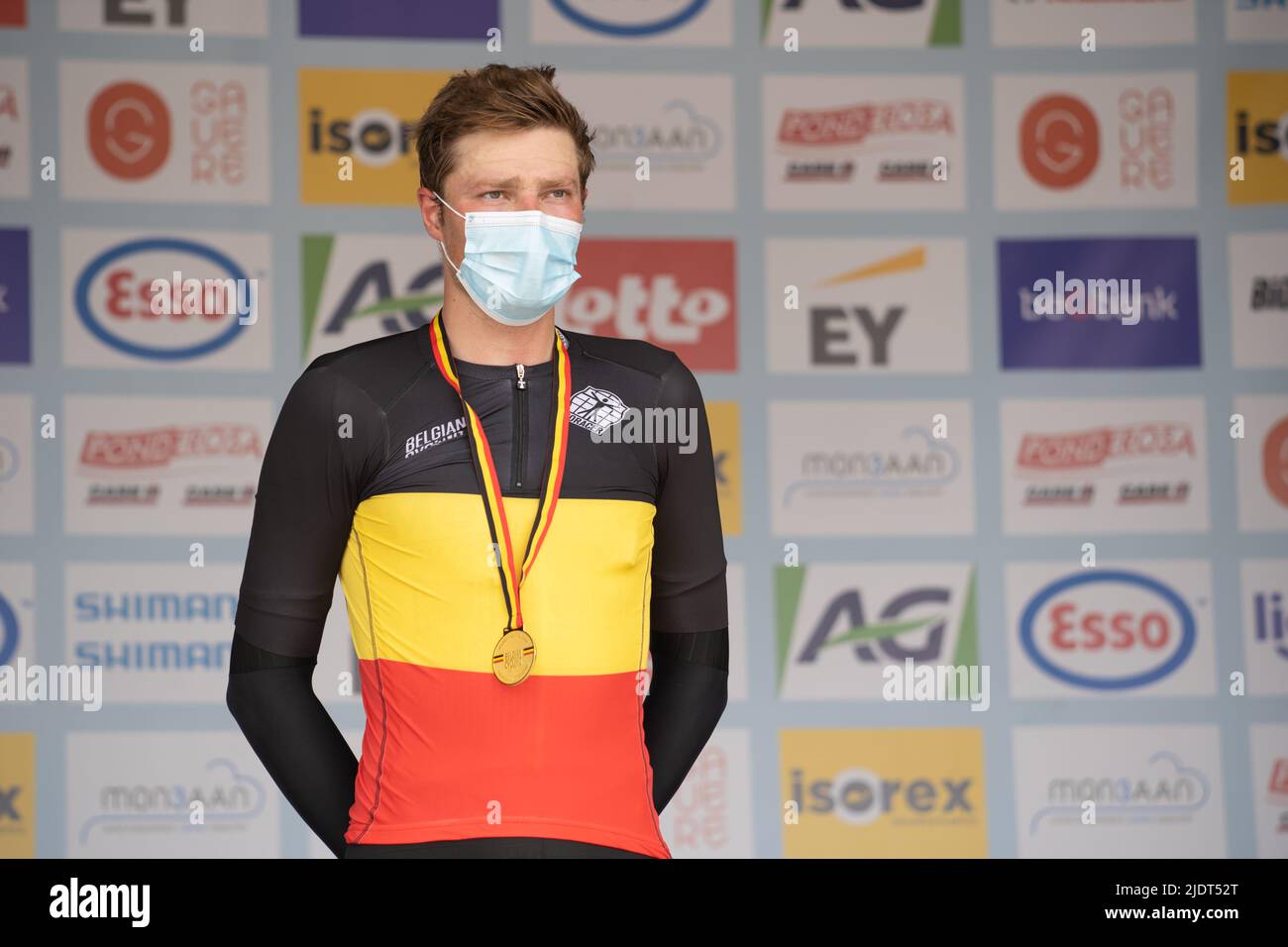 Belgian Guillaume Seye , winner of the gold medal celebrates on the podium  of the men's elite without contract individual time trial race of 35km at  the Belgian championships, in Gavere, Thursday