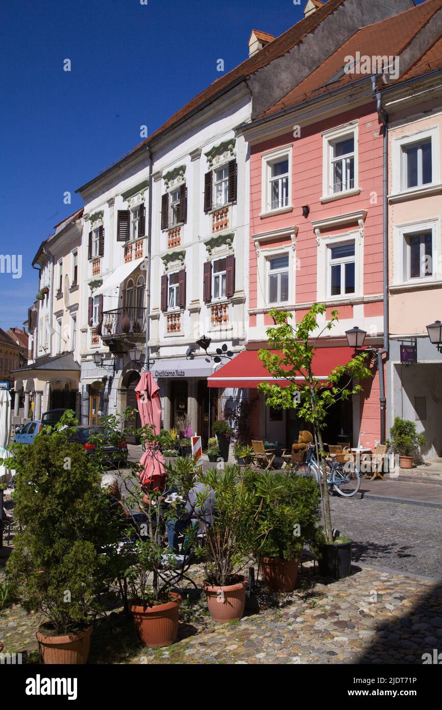 Slovenia, Ptuj, Slovenskii Trg, street scene, historic architecture, Stock Photo