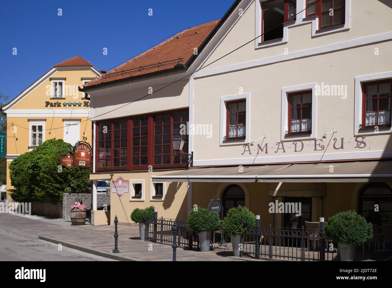 Slovenia, Ptuj, street scene, hotel, restaurant, Stock Photo