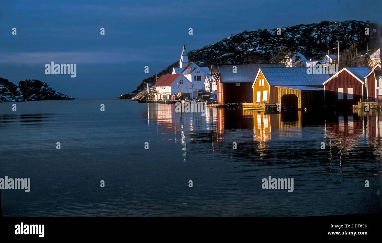 Mid-winter at Kirkehamn - a small traditional village on the western side of the island called Hidra in south-western Norway. Stock Photo