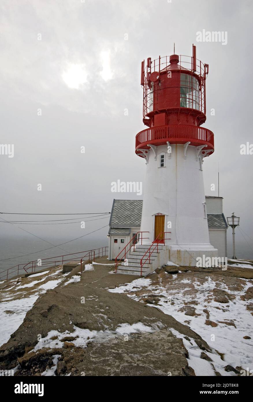 Lindesnes Light-House on the very southern tip of Norway one stormy winters day. Stock Photo