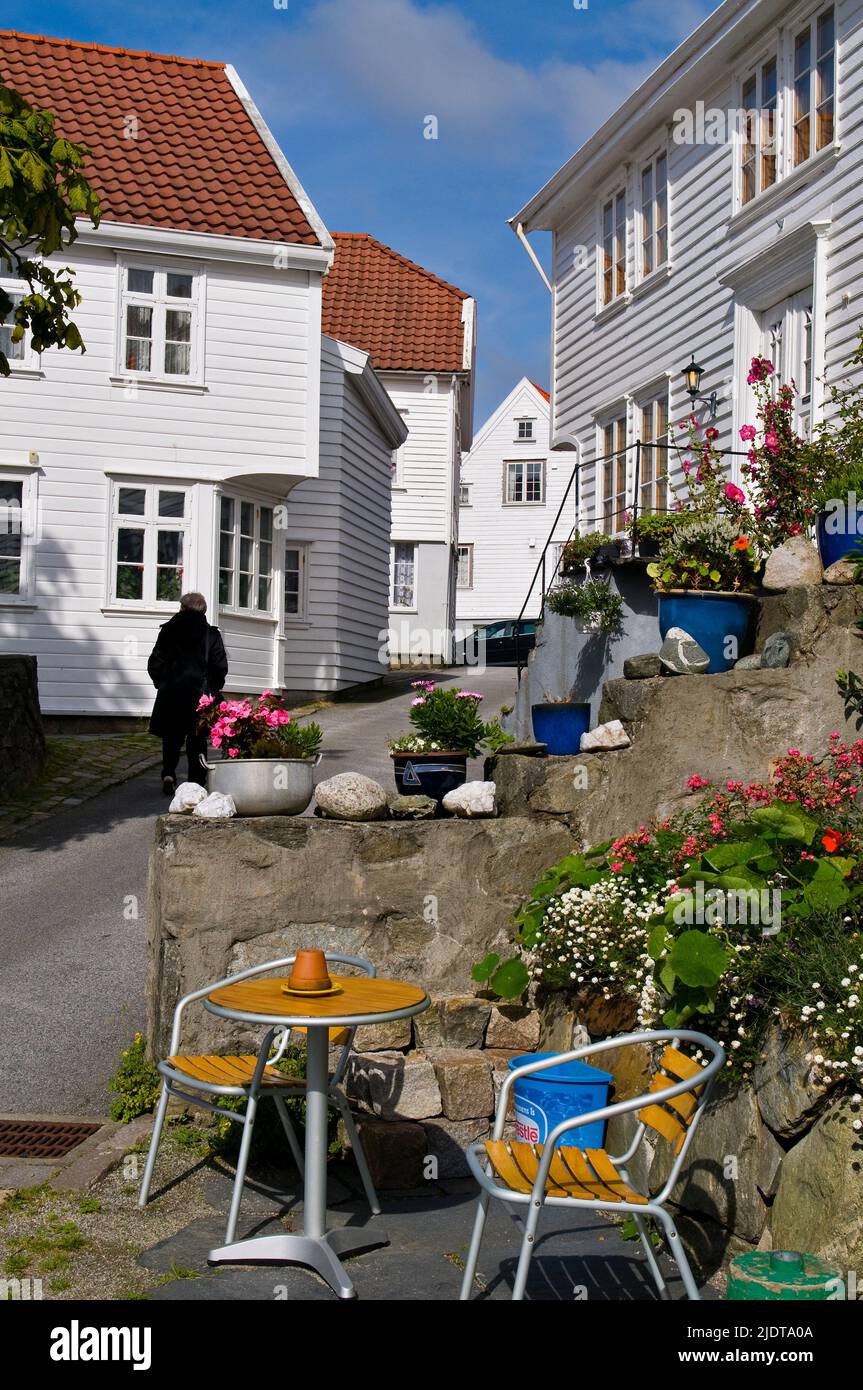 Old and traditional white houses in the beautiful city of Skudeneshavn on Karmöy, western Norway. Stock Photo