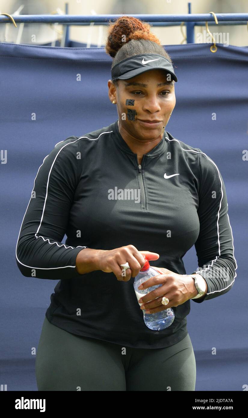 Serena Williams (USA) on the practice courts Devonshire Park, Eastbourne, UK, sticking plasters / medical tape on her face for sinus problems Stock Photo