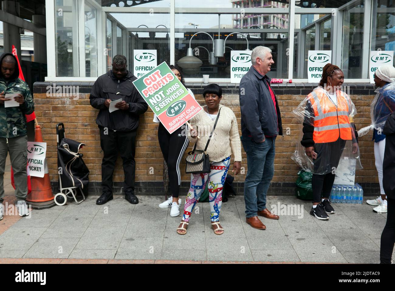 Lewisham, London, UK. 23rd June, 2022. Close-up of members of the RMT on picket duty outside Lewisham Station, on the second day of the National Railway Strike. Credit: John Gaffen/Alamy Live News Stock Photo