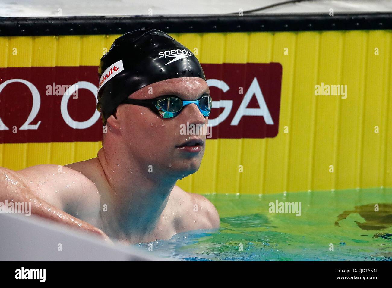 Belgian Louis Croenen reacts after the men's 100m butterfly at the swimming world championships in Budapest, Hungary, Thursday 23 June 2022. The 19th FINA World Championships 2022 take place from 18 June to 03 July. BELGA PHOTO NIKOLA KRSTIC Stock Photo