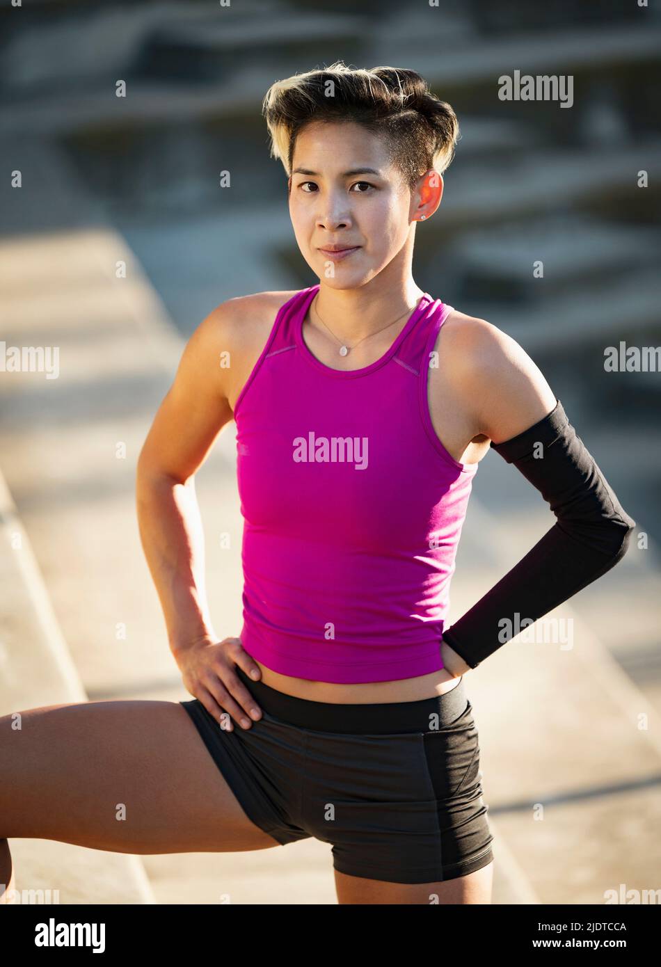 Portrait of athlete woman with amputated hand Stock Photo