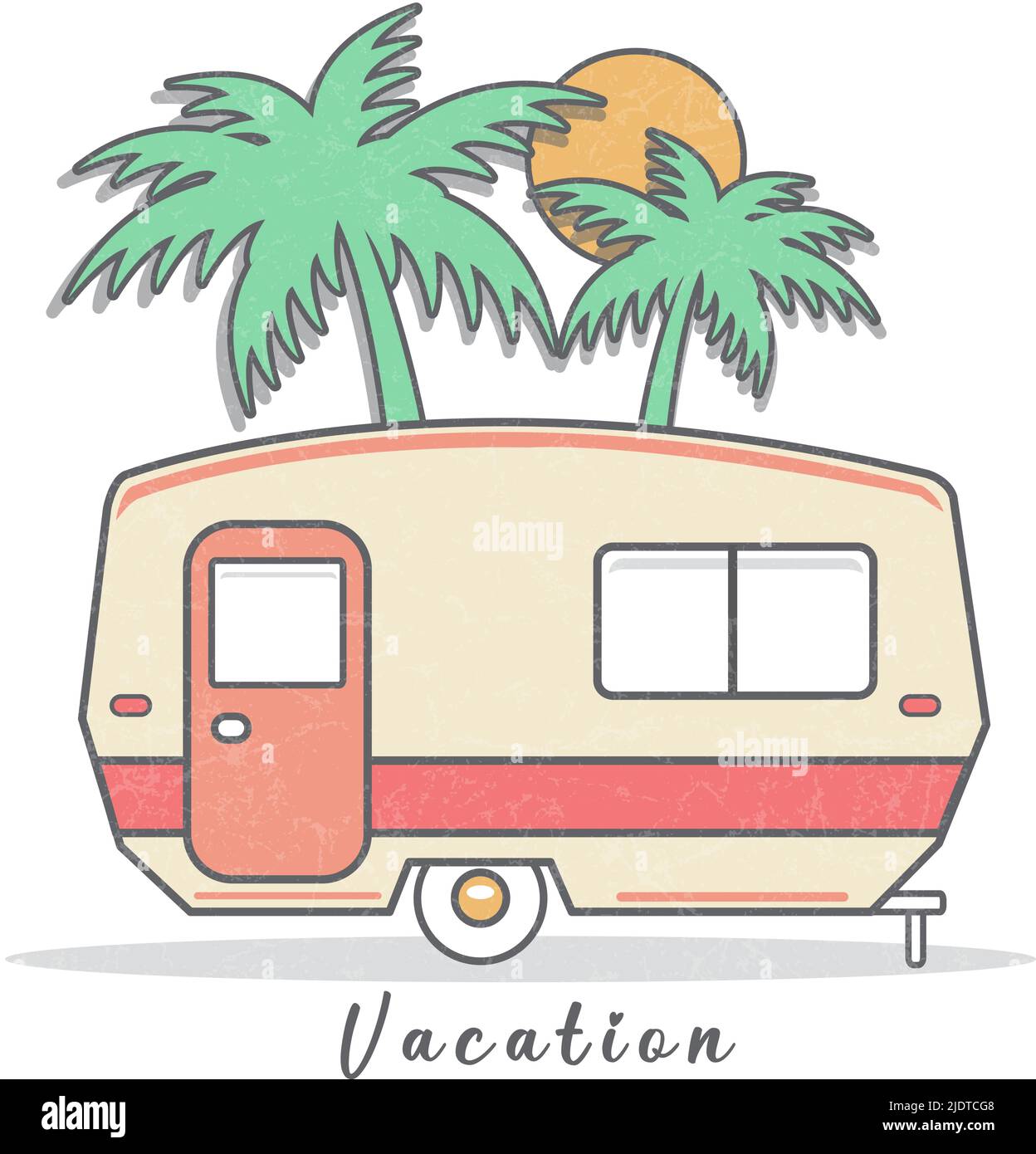 Camping trailer caravan and palmtrees vintage  retro design illustration vector with grunge texture Stock Vector