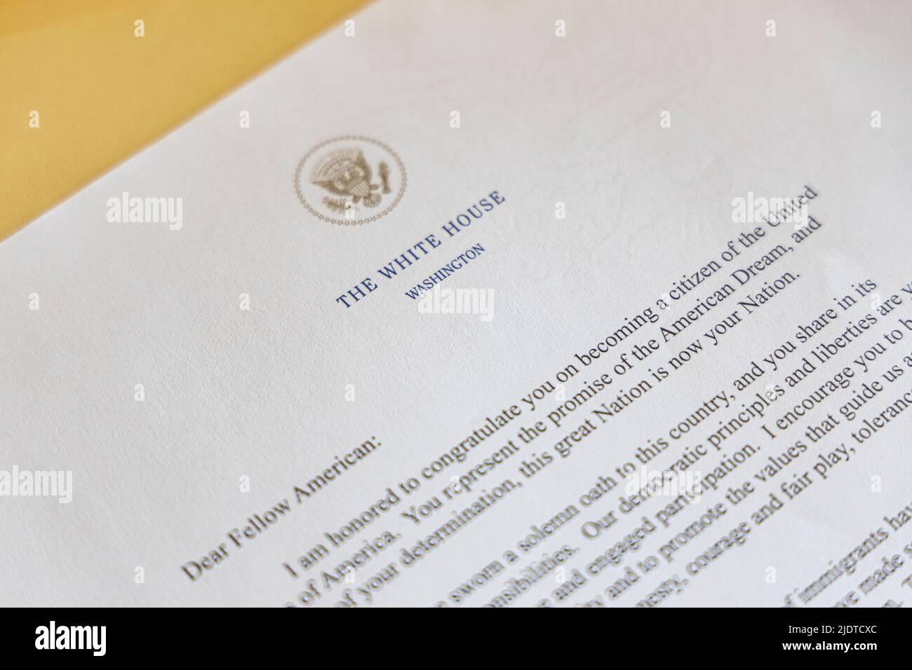 US CITIZENSHIP WELCOME LETTER FROM THE PRESIDENT, WASHINGTON DC, USA Stock Photo