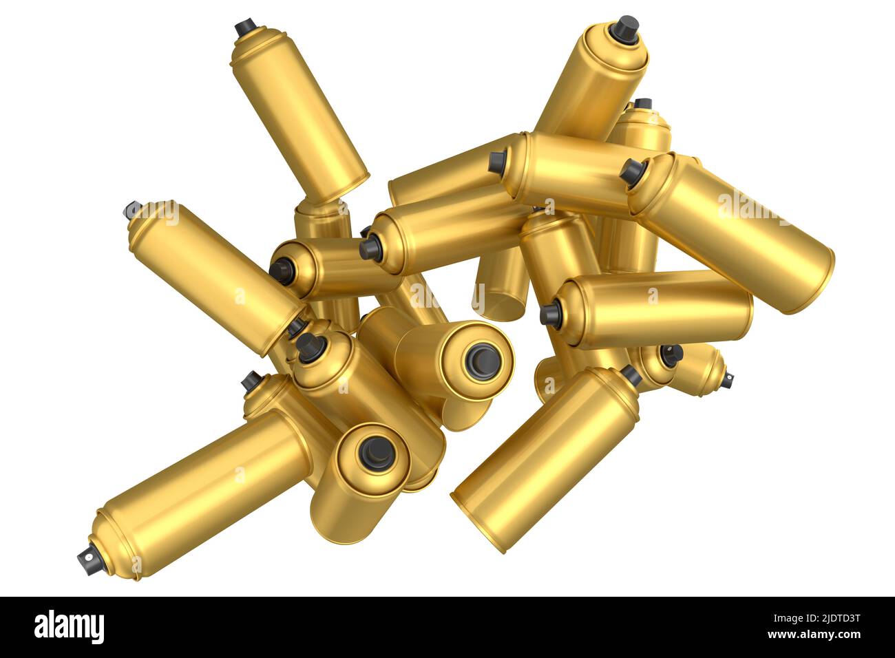 Lots of flying gold spray paint cans on white background. 3d render
