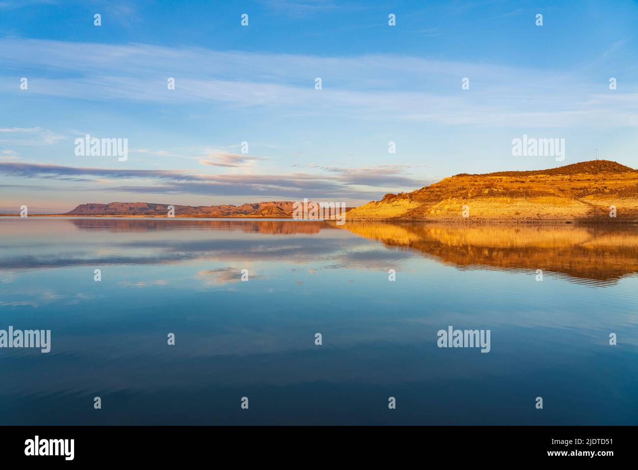 ELEPHANT BUTTE REFLECTS IN LAKE,  ELEPHANT BUTTE STATE PARK, ELEPHANT BUTTE, NEW MEXICO, USA Stock Photo